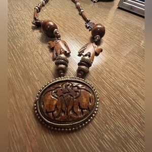 Vintage Indian Carved Wooden and Silver Beaded Necklace with Carved Pendant